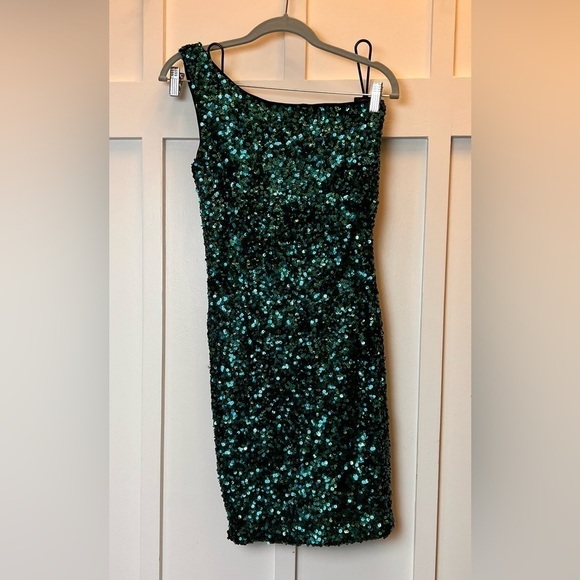 Lulus Teal Blue Black Sequin One-Shoulder Bodycon Mini Dress Medium Prom Lulu - Picture 2 of 12